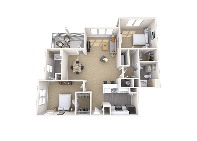 Floor plan for 2 beds, 2 baths, 1343 sqft