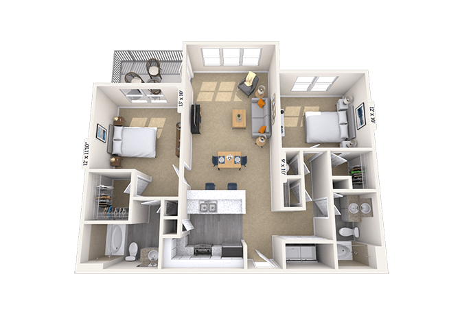 Floor plan for 2 beds, 2 baths, 1089 sqft