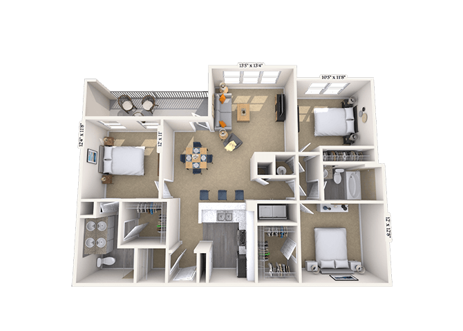 Floor plan for 3 beds, 2 baths, 1389 sqft