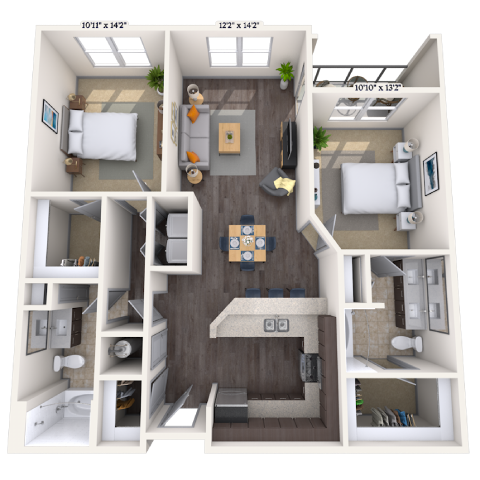 Floor plan for 2 beds, 2 baths, 1155 sqft