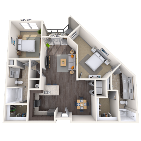 Floor plan for 2 beds, 2 baths, 1176 sqft