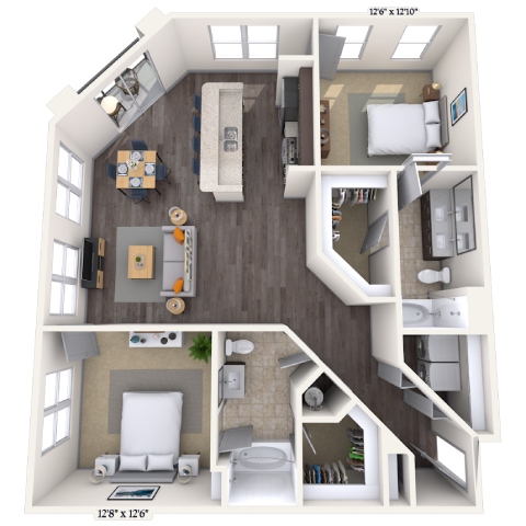Floor plan for 2 beds, 2 baths, 1277 sqft