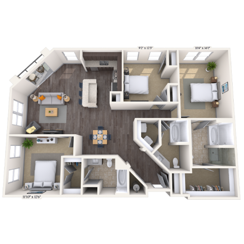 Floor plan for 3 beds, 3 baths, 1624 sqft