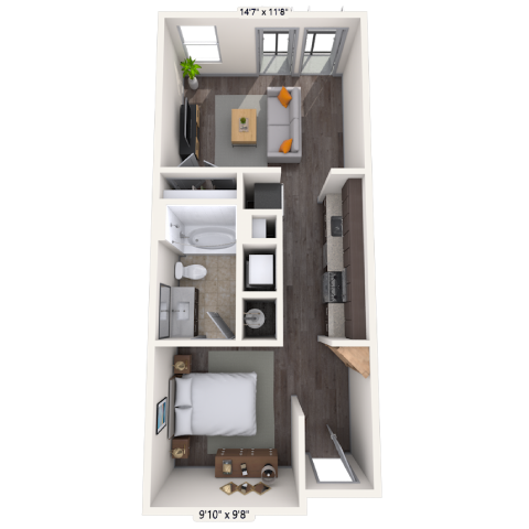 Floor plan for 1 bed, 1 bath, 484 sqft