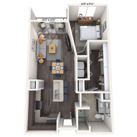 Floor plan for 1 bed, 1 bath, 730 sqft