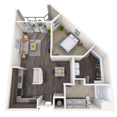 Floor plan for 1 bed, 1 bath, 901 sqft