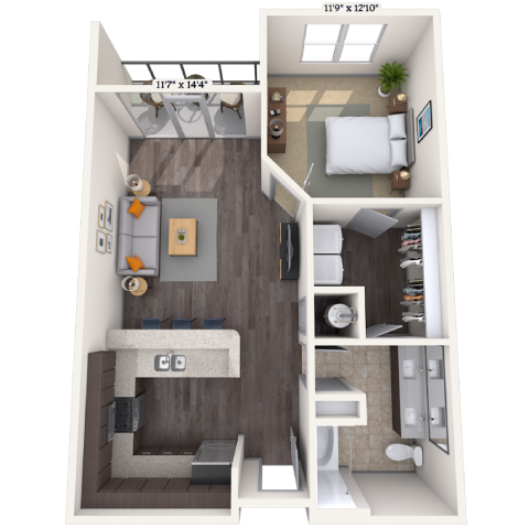 Floor plan for 1 bed, 1 bath, 789 sqft