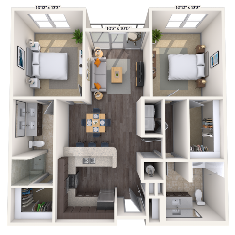 Floor plan for 2 beds, 2 baths, 1109 sqft