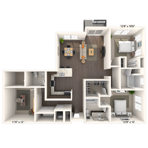 Floor plan for 2 beds, 2.5 baths, 1521 sqft