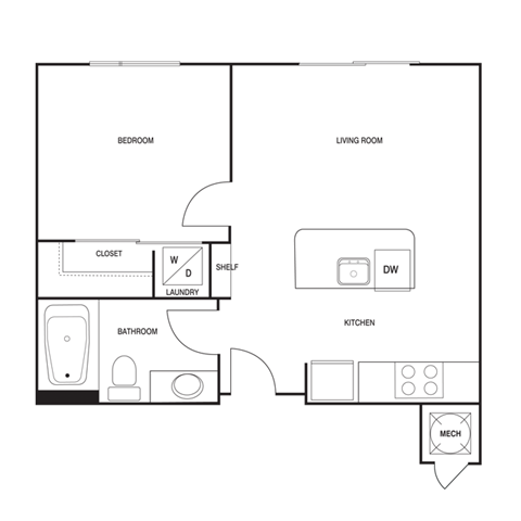 Floor plan for 1 bed, 1 bath, 545 sqft