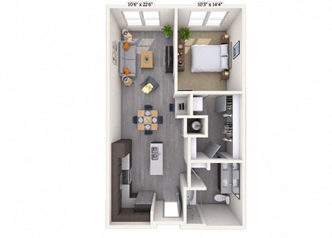 Floor plan for 1 bed, 1 bath, 875 sqft