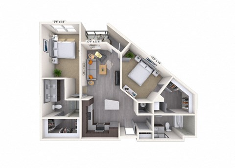 Floor plan for 2 beds, 2 baths, 1005 sqft