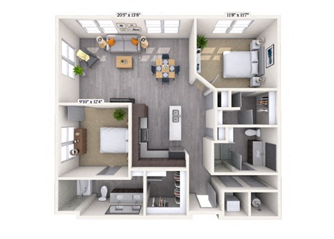 Floor plan for 2 beds, 2 baths, 1325 sqft