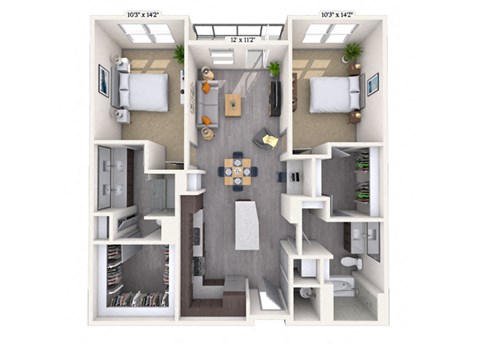 Floor plan for 2 beds, 2 baths, 1318 sqft