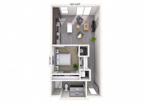 Floor plan for 1 bed, 1 bath, 628 sqft