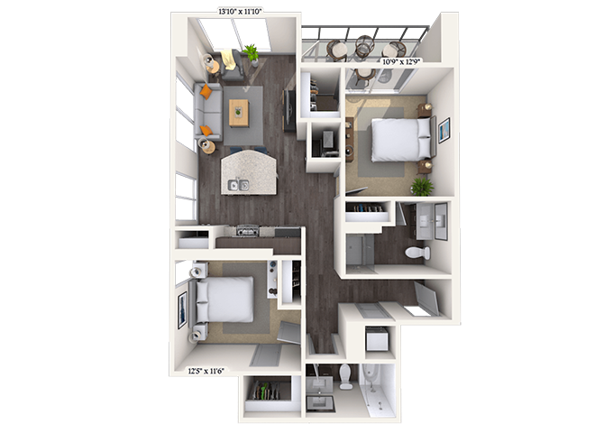 Floor plan for 2 beds, 2 baths, 987 sqft
