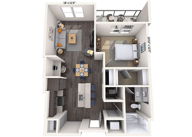 Floor plan for 1 bed, 1 bath, 716 sqft