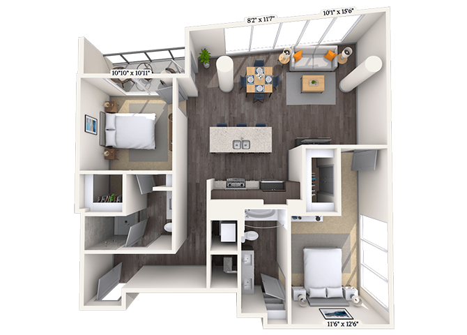 Floor plan for 2 beds, 2 baths, 1198 sqft