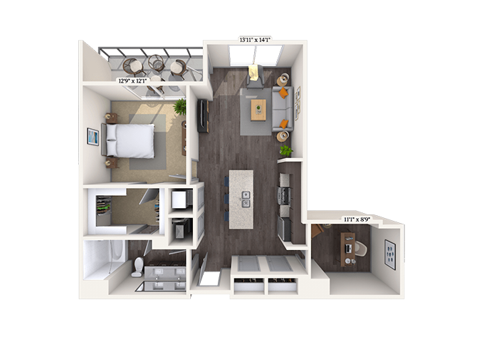 Floor plan for 1 bed, 1 bath, 929 sqft