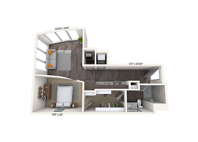 Floor plan for studio, 1 bath, 646 sqft