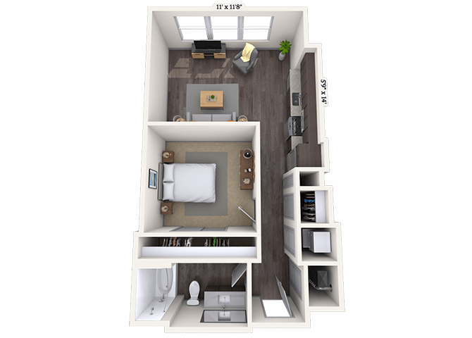 Floor plan for studio, 1 bath, 586 sqft