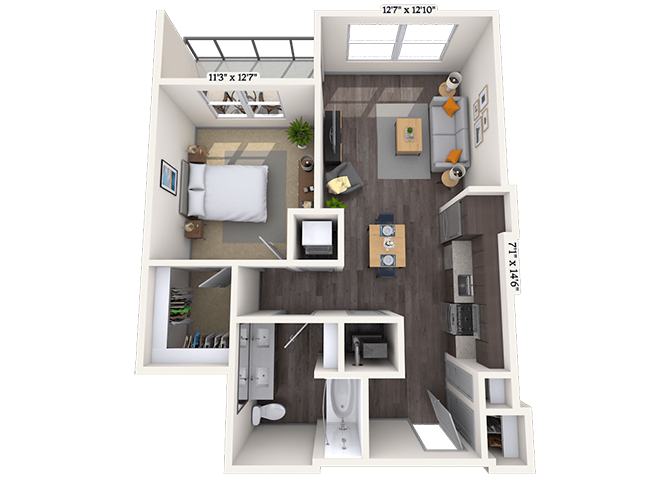 Floor plan for 1 bed, 1 bath, 737 sqft