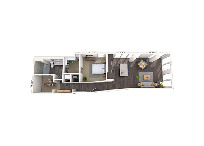 Floor plan for 1 bed, 1 bath, 1013 sqft