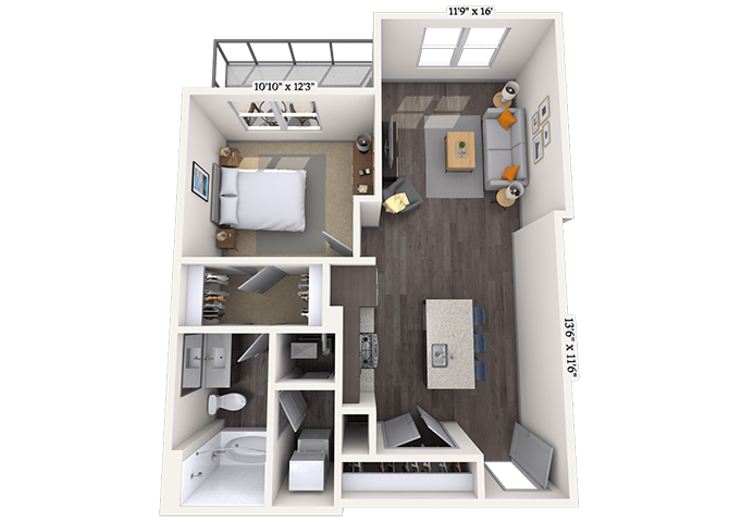 Floor plan for 1 bed, 1 bath, 717 sqft