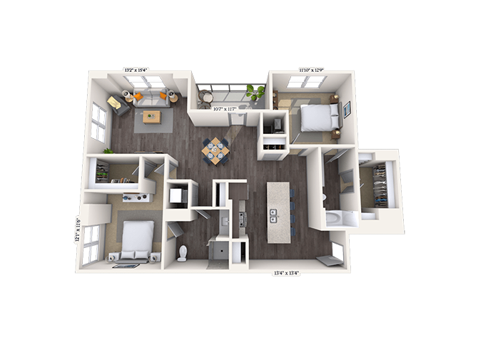 Floor plan for 2 beds, 2 baths, 1325 sqft