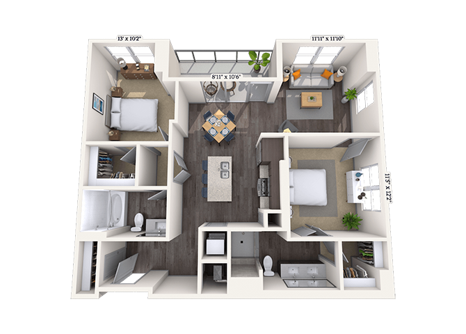 Floor plan for 2 beds, 2 baths, 1121 sqft