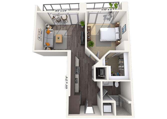 Floor plan for 1 bed, 1 bath, 739 sqft