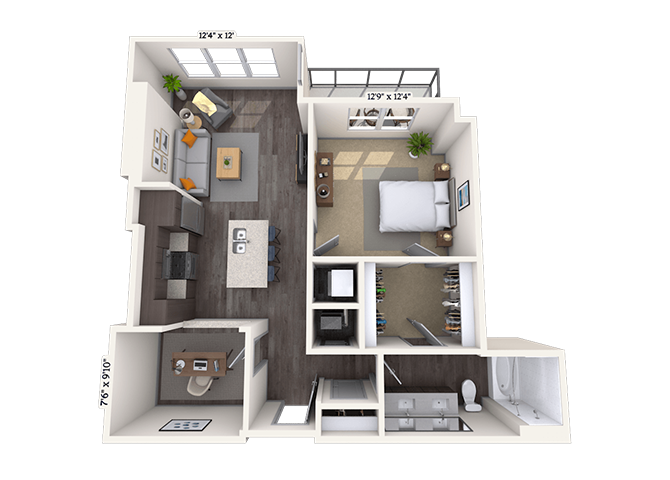 Floor plan for 1 bed, 1 bath, 859 sqft