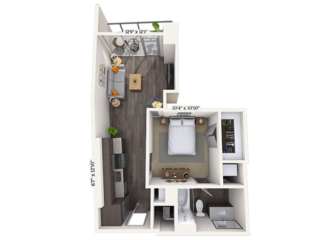 Floor plan for studio, 1 bath, 572 sqft