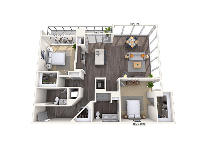 Floor plan for 2 beds, 2 baths, 1415 sqft