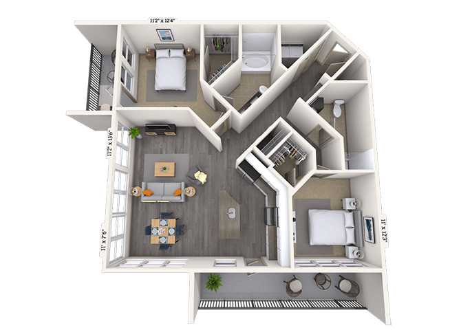 Floor plan for 2 beds, 2 baths, 1195 sqft