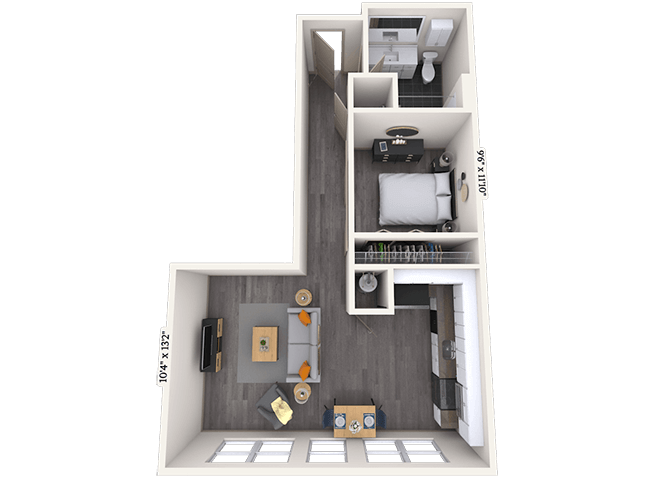 Floor plan for studio, 1 bath, 626 sqft