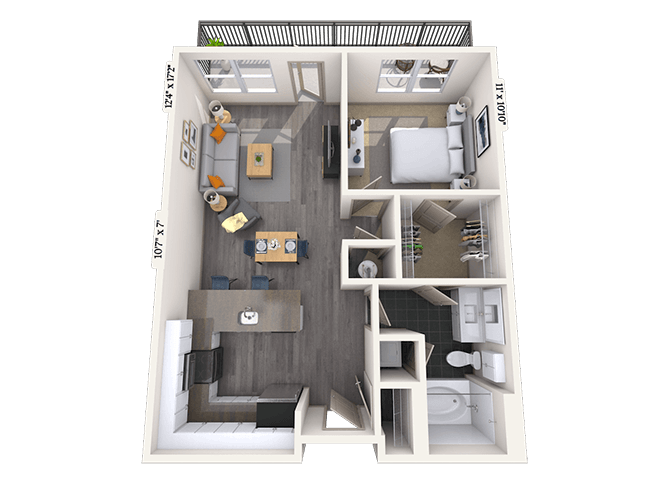 Floor plan for 1 bed, 1 bath, 810 sqft