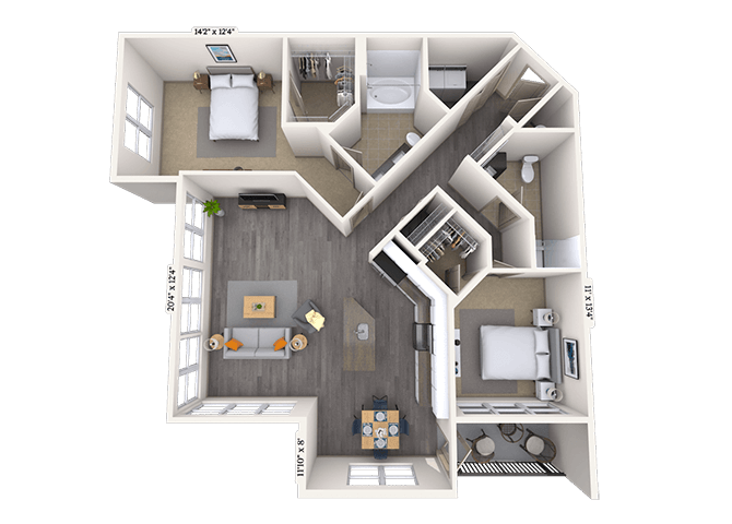 Floor plan for 2 beds, 2 baths, 1405 sqft