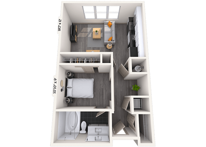 Floor plan for studio, 1 bath, 595 sqft