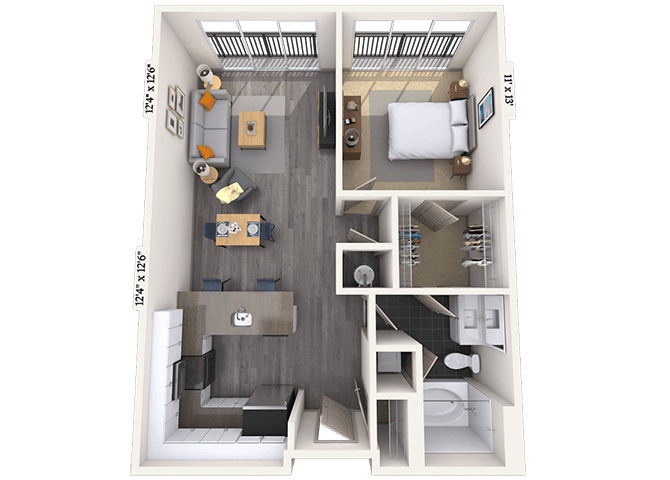 Floor plan for 1 bed, 1 bath, 785 sqft