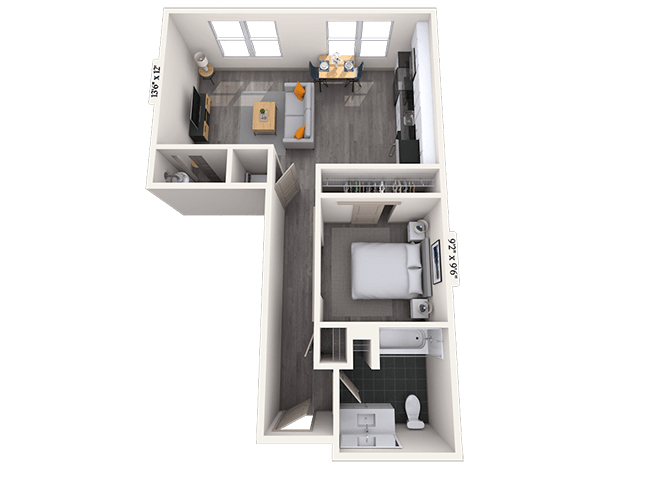 Floor plan for studio, 1 bath, 643 sqft