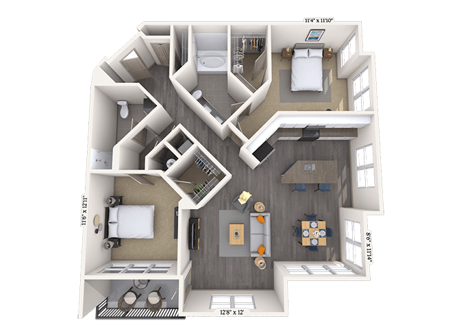 Floor plan for 2 beds, 2 baths, 1309 sqft