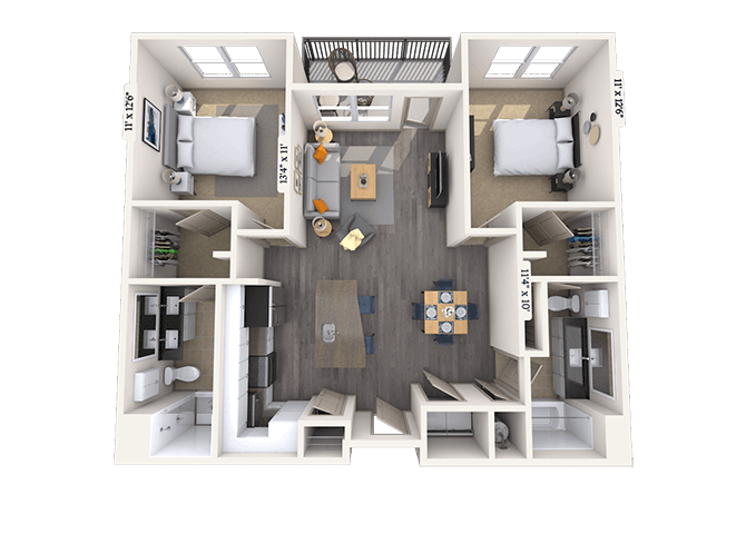 Floor plan for 2 beds, 2 baths, 1139 sqft