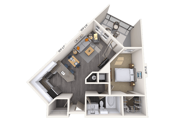 Floor plan for 1 bed, 1 bath, 785 sqft
