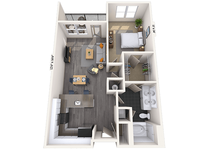 Floor plan for 1 bed, 1 bath, 736 sqft
