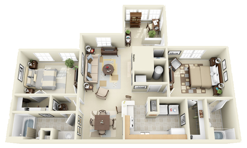 Floor plan for 2 beds, 2 baths, 1200 sqft