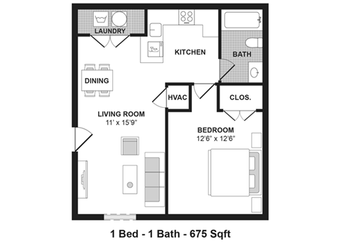 Floor plan for 1 bed, 1 bath, 675 sqft