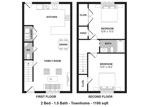 Floor plan for 2 beds, 1.5 baths, 1083 sqft