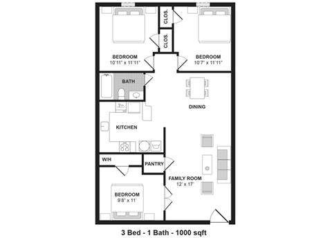 Floor plan for 3 beds, 1 bath, 1000 sqft