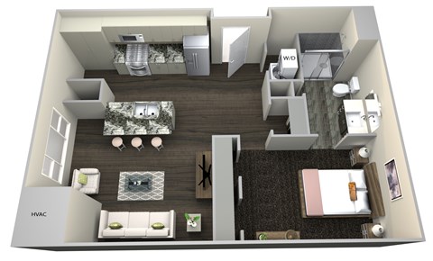 Floor plan for 1 bed, 1 bath, 616 sqft